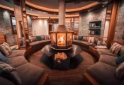 Circular lounge with a glass-enclosed fireplace, curved sofa and fur cushions at Hotel Bellerive Zermatt.